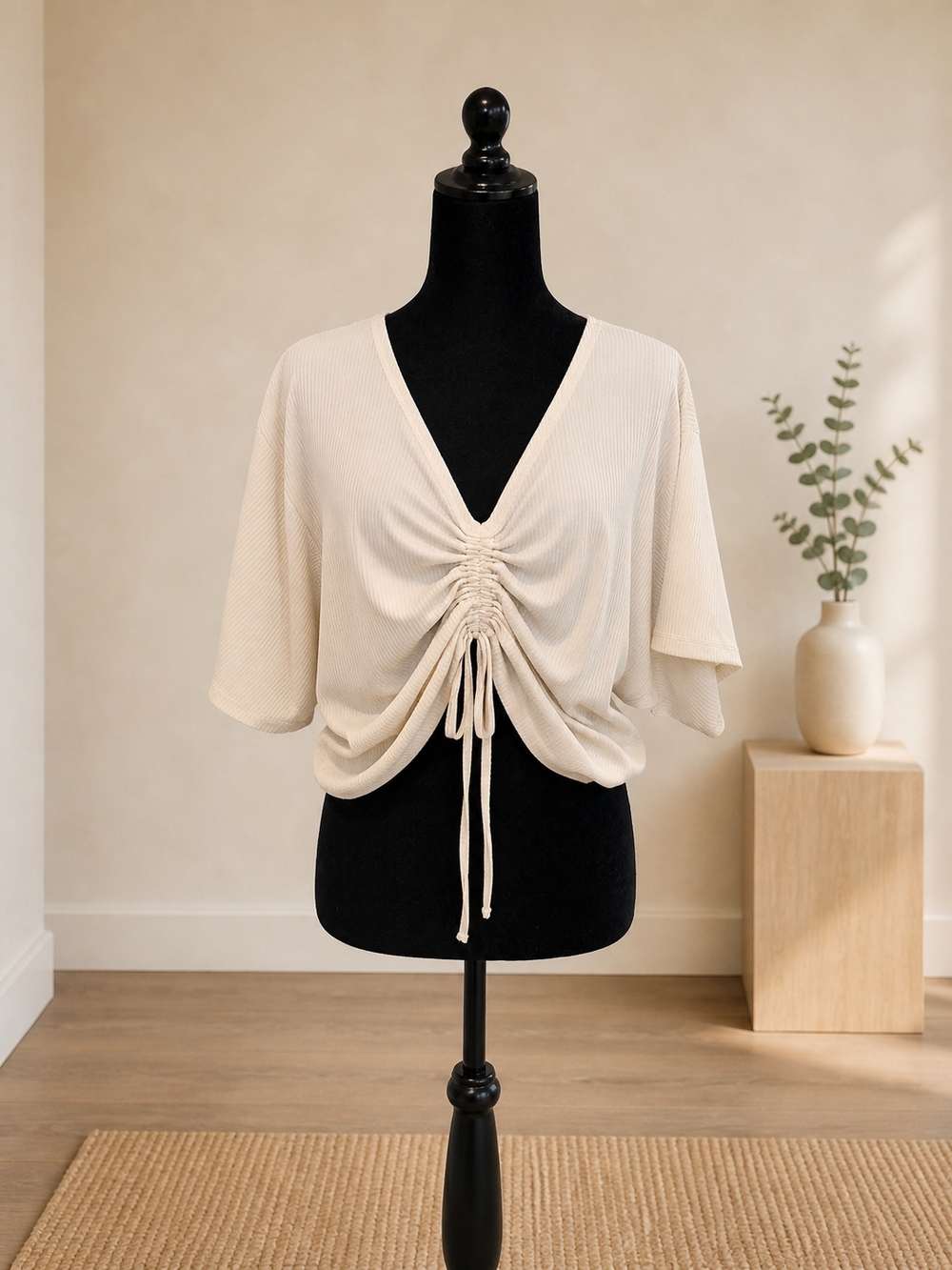 Ruched V-Neck Drawstring Top - White